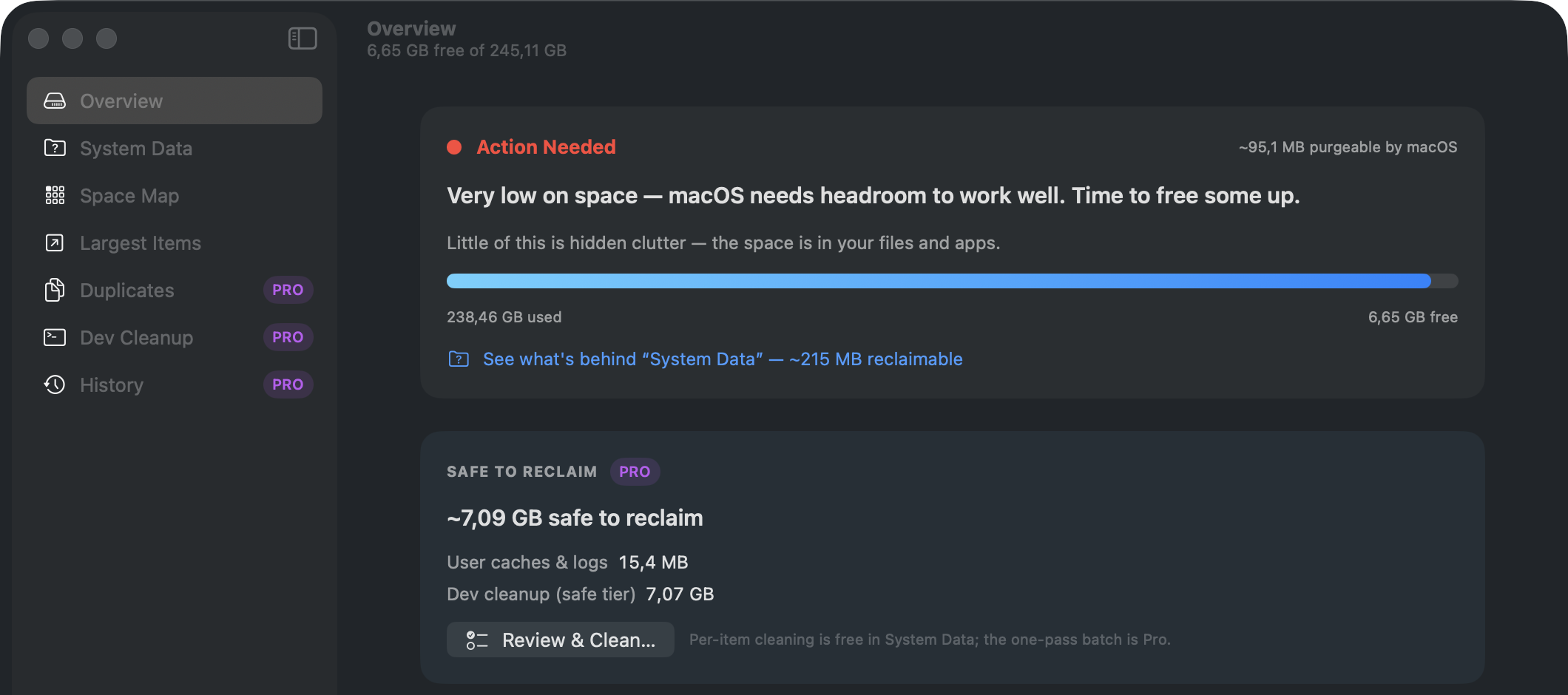 Real screenshot of SwoopByte Disk's Overview: a plain-language free-space verdict on a nearly full drive and a Safe to Reclaim card totaling 7 GB